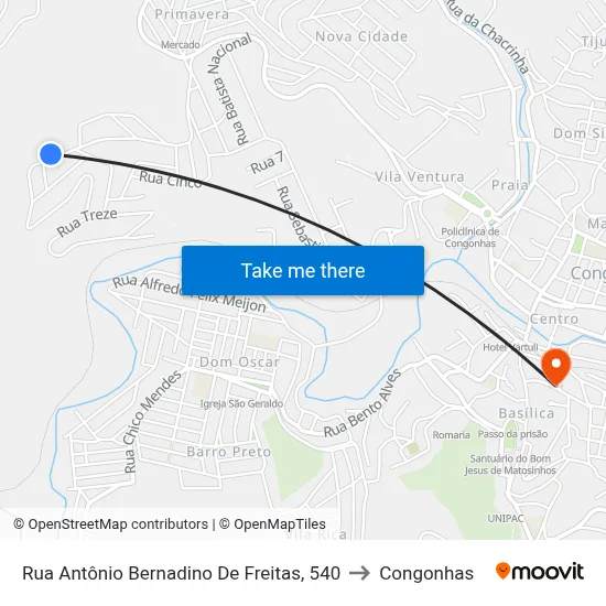 Rua Antônio Bernadino De Freitas, 540 to Congonhas map