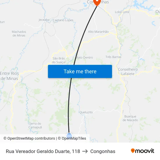 Rua Vereador Geraldo Duarte, 118 to Congonhas map