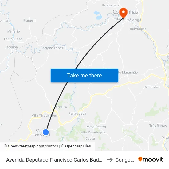 Avenida Deputado Francisco Carlos Badaró Júnior, 864 to Congonhas map