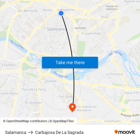 Salamanca to Carbajosa De La Sagrada map