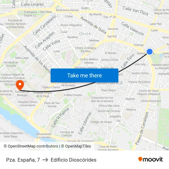 Pza. España, 7 to Edificio Dioscórides map