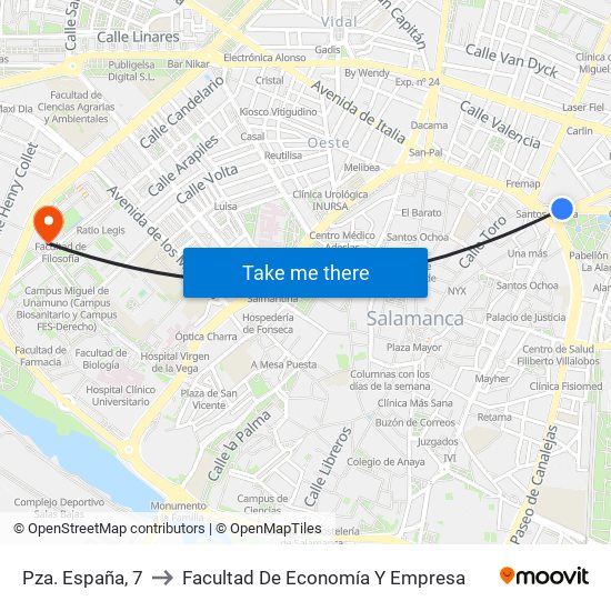 Pza. España, 7 to Facultad De Economía Y Empresa map