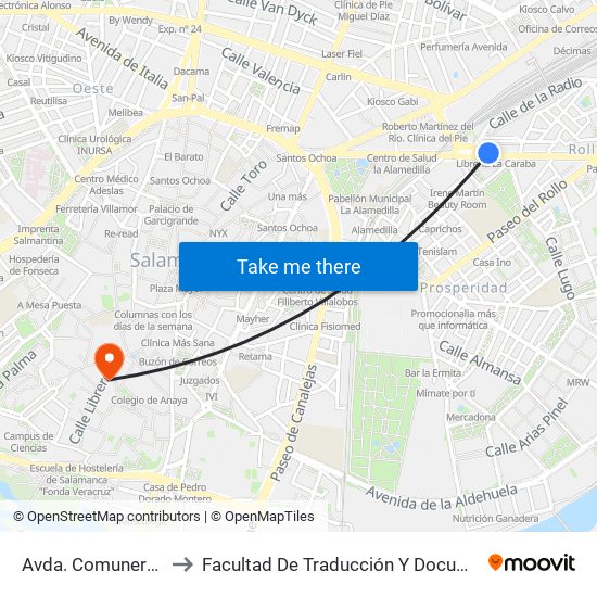 Avda. Comuneros, 81 to Facultad De Traducción Y Documentación map