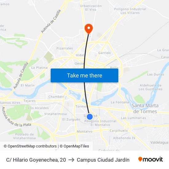 C/ Hilario Goyenechea, 20 to Campus Ciudad Jardín map