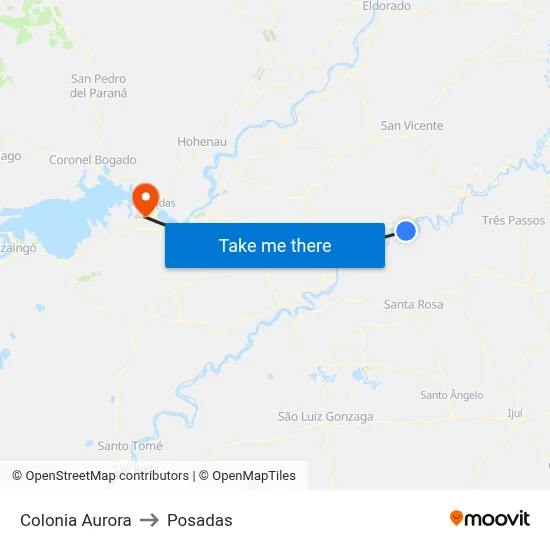 Colonia Aurora to Posadas map