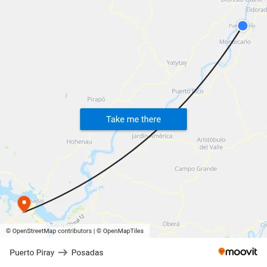 Puerto Piray to Posadas map