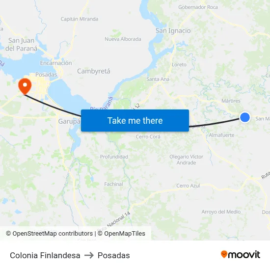 Colonia Finlandesa to Posadas map