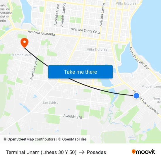 Terminal Unam (Líneas 30 Y 50) to Posadas map