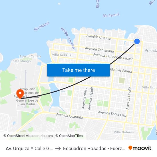 Av. Urquiza Y Calle Goméz Portiño to Escuadrón Posadas - Fuerza Aérea Argentina map