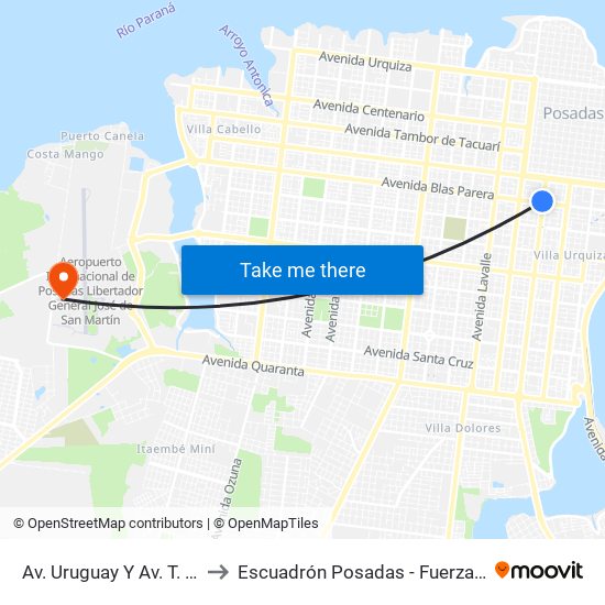 Av. Uruguay Y Av. T. De San José to Escuadrón Posadas - Fuerza Aérea Argentina map