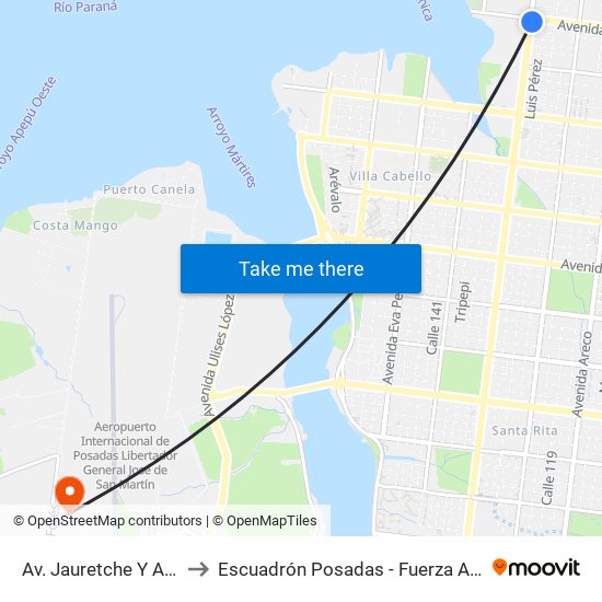 Av. Jauretche Y Av. Urquiza to Escuadrón Posadas - Fuerza Aérea Argentina map