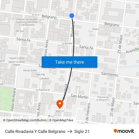 Calle Rivadavia Y Calle Belgrano to Siglo 21 map