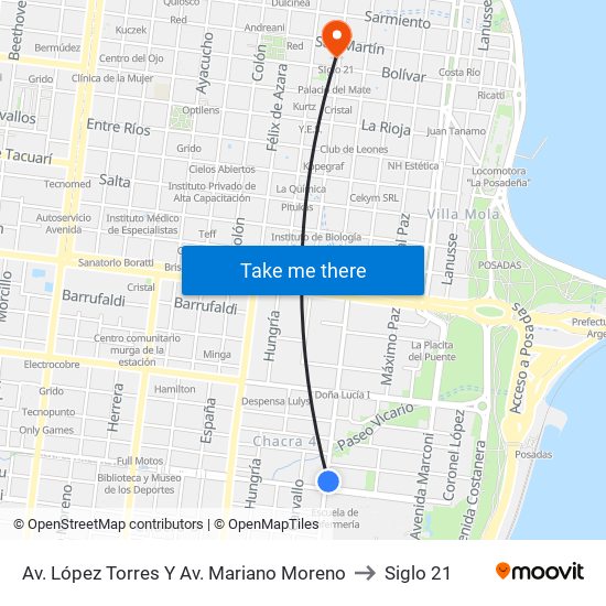 Av. López Torres Y Av. Mariano Moreno to Siglo 21 map