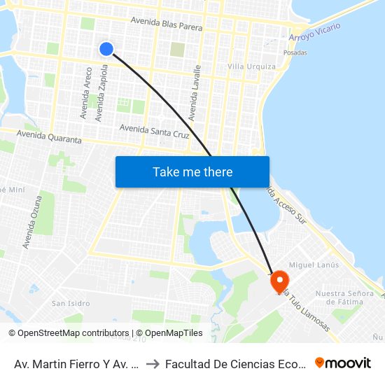 Av. Martin Fierro Y Av. Zapiola to Facultad De Ciencias Económicas map