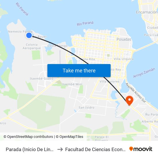 Parada (Inicio De Línea 28) to Facultad De Ciencias Económicas map