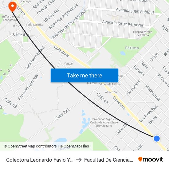 Colectora Leonardo Favio Y Calle Tierra Roja to Facultad De Ciencias Económicas map