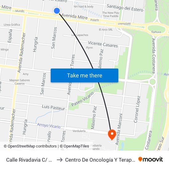 Calle Rivadavia C/ Av. Mitre to Centro De Oncología Y Terapia Radiante map