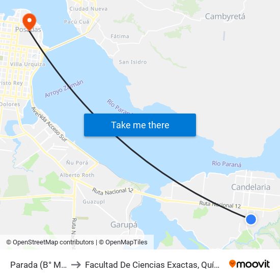 Parada (B° Malvinas) to Facultad De Ciencias Exactas, Químicas Y Naturales map