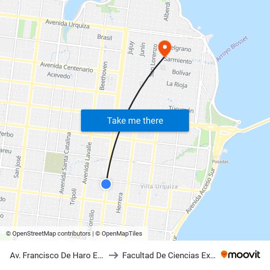Av. Francisco De Haro E/ Av. Martín Fierro Y Calle 80 to Facultad De Ciencias Exactas, Químicas Y Naturales map