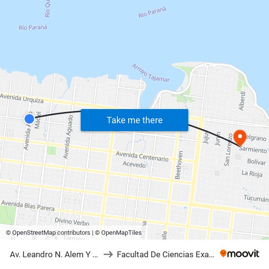 Av. Leandro N. Alem Y Av. Lucas B. Areco (115) to Facultad De Ciencias Exactas, Químicas Y Naturales map