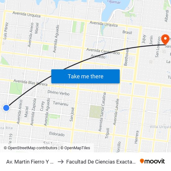 Av. Martin Fierro Y Av. M. De Andrea to Facultad De Ciencias Exactas, Químicas Y Naturales map