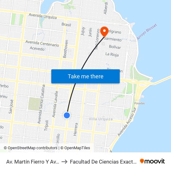 Av. Martín Fierro Y Av. Francisco De Haro to Facultad De Ciencias Exactas, Químicas Y Naturales map