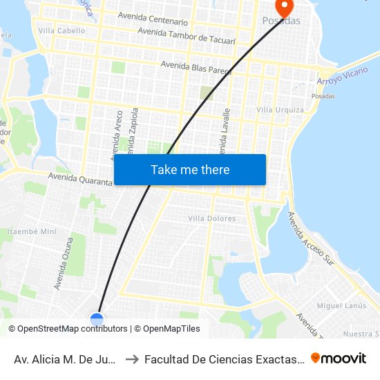 Av. Alicia M. De Justo Y Calle 180a to Facultad De Ciencias Exactas, Químicas Y Naturales map
