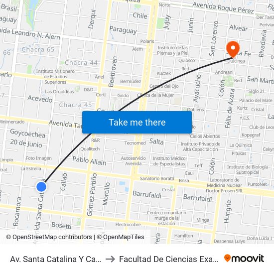 Av. Santa Catalina Y Calle Gobernador Barreyro to Facultad De Ciencias Exactas, Químicas Y Naturales map