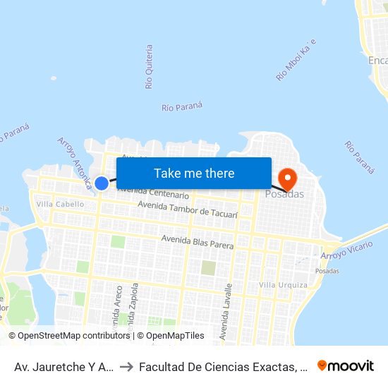 Av. Jauretche Y Av. Centenario to Facultad De Ciencias Exactas, Químicas Y Naturales map