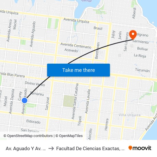 Av. Aguado Y Av. Martín Fierro to Facultad De Ciencias Exactas, Químicas Y Naturales map