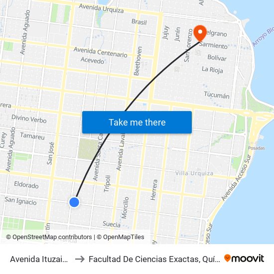 Avenida Ituzaingó, 3606 to Facultad De Ciencias Exactas, Químicas Y Naturales map