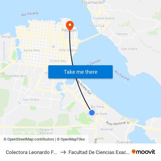 Colectora Leonardo Favio Y Calle Tierra Roja to Facultad De Ciencias Exactas, Químicas Y Naturales map