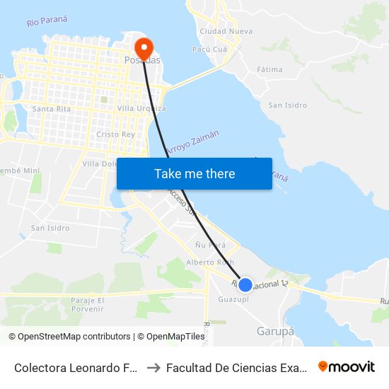 Colectora Leonardo Favio Y Calle Caraguatay to Facultad De Ciencias Exactas, Químicas Y Naturales map