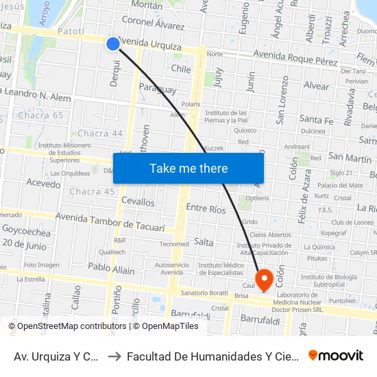 Av. Urquiza Y Calle Montero to Facultad De Humanidades Y Ciencias Sociales - Anexo map