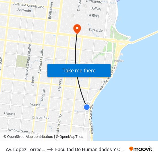 Av. López Torres Y Calle Suiza to Facultad De Humanidades Y Ciencias Sociales - Anexo map