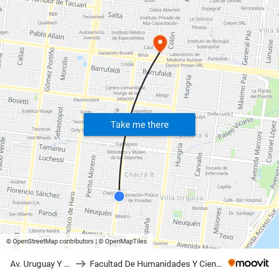 Av. Uruguay Y Av. Cabred to Facultad De Humanidades Y Ciencias Sociales - Anexo map