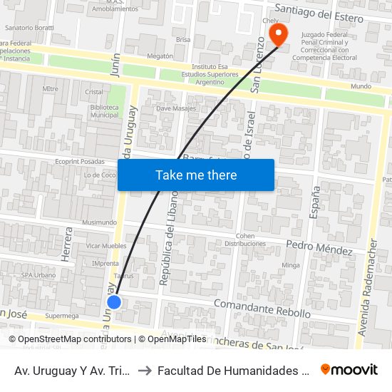 Av. Uruguay Y Av. Trincheras De San Jose to Facultad De Humanidades Y Ciencias Sociales - Anexo map