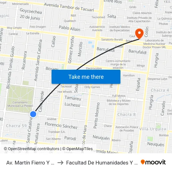 Av. Martín Fierro Y Av. Santa Catalina to Facultad De Humanidades Y Ciencias Sociales - Anexo map