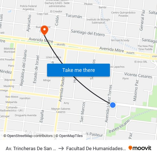 Av. Trincheras De San José Y Av. López Torres to Facultad De Humanidades Y Ciencias Sociales - Anexo map