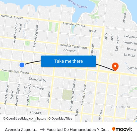 Avenida Zapiola, 2700-2798 to Facultad De Humanidades Y Ciencias Sociales - Anexo map