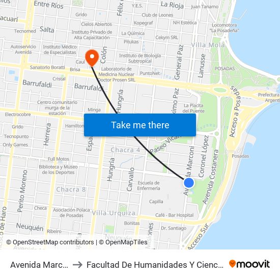 Avenida Marconi, 3555 to Facultad De Humanidades Y Ciencias Sociales - Anexo map