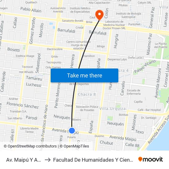 Av. Maipú Y Av. Uruguay to Facultad De Humanidades Y Ciencias Sociales - Anexo map