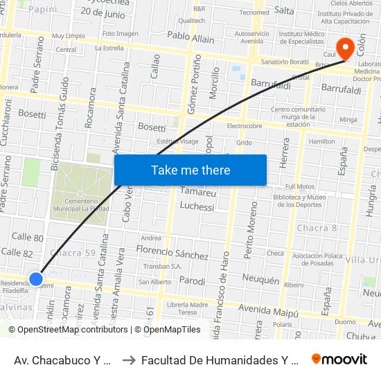 Av. Chacabuco Y Av. Tomás Guido to Facultad De Humanidades Y Ciencias Sociales - Anexo map