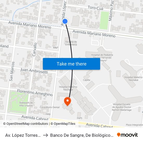 Av. López Torres Y Av. Mariano Moreno to Banco De Sangre, De Biológicos Y Tejidos De La Provincia De Misiones map