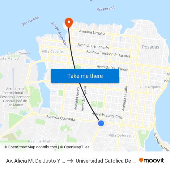 Av. Alicia M. De Justo Y Av. Quaranta to Universidad Católica De Las Misiones map