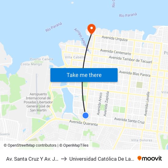 Av. Santa Cruz Y Av. Jauretche to Universidad Católica De Las Misiones map