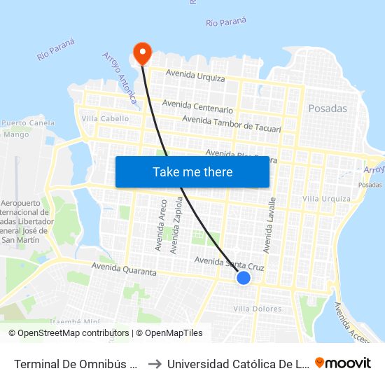 Terminal De Omnibús De Posadas to Universidad Católica De Las Misiones map