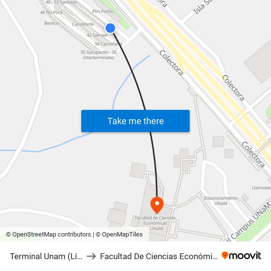 Terminal Unam (Línea 03) to Facultad De Ciencias Económicas - Unam map