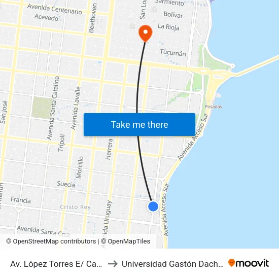 Av. López Torres E/ Calle Alemania Y Calle Noruega to Universidad Gastón Dachary (Ugd) - Sede Administrativa map