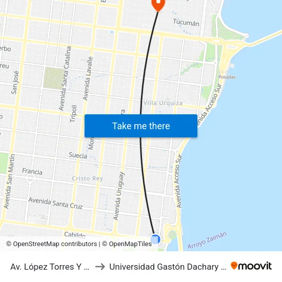 Av. López Torres Y Av. Tierra Del Fuego to Universidad Gastón Dachary (Ugd) - Sede Administrativa map